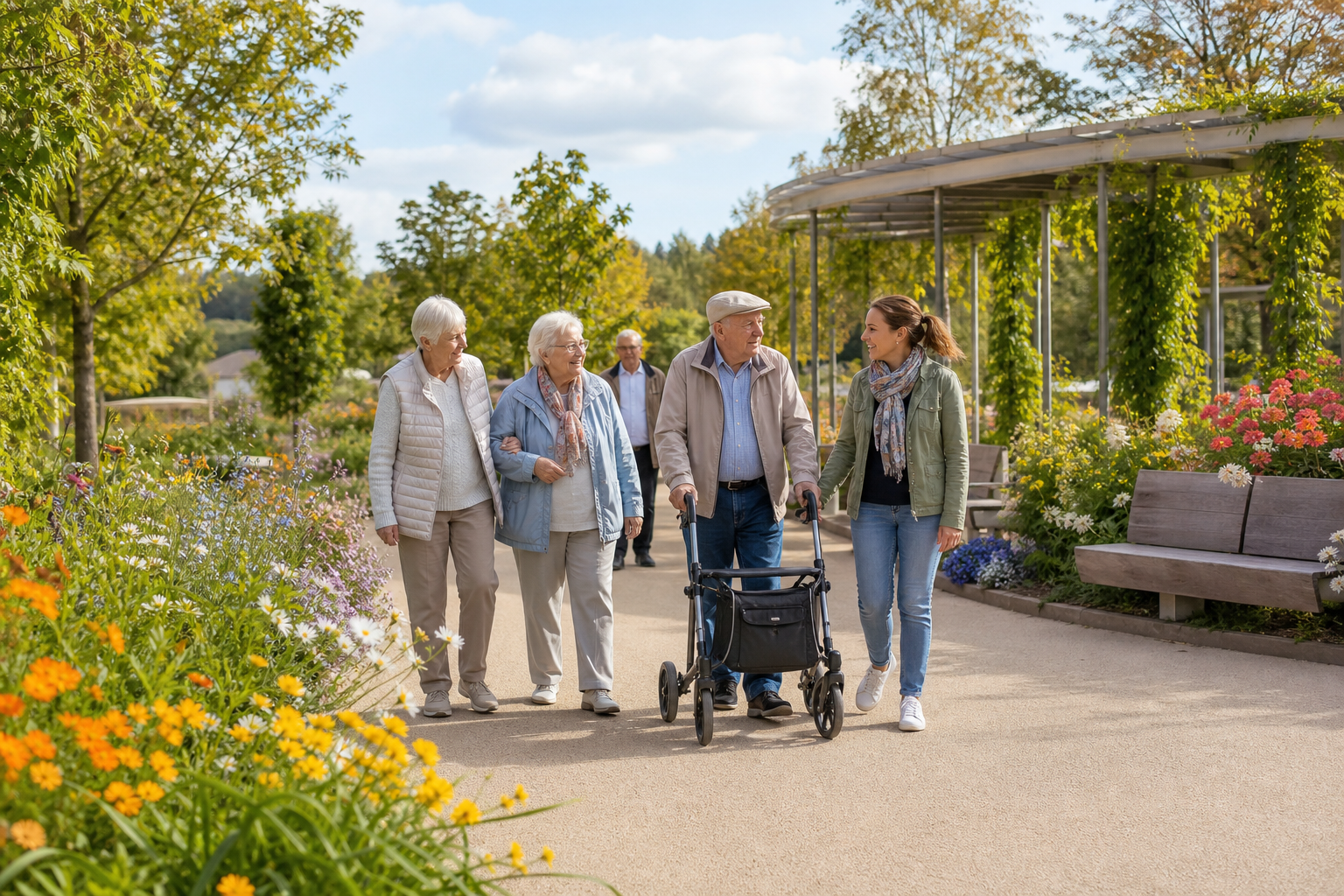 Ältere Menschen mit Rollator bei einem gemeinsamen Besuch in einer blühenden Gartenanlage