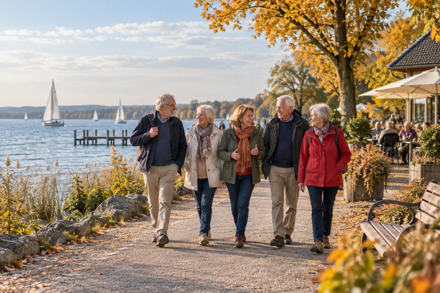 Seniorengruppe bei einem herbstlichen Spaziergang am Steinhuder Meer